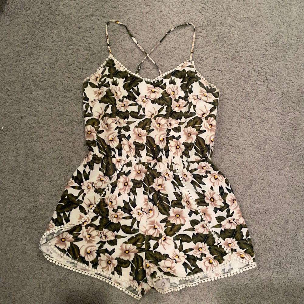 Green and light brown floral romper